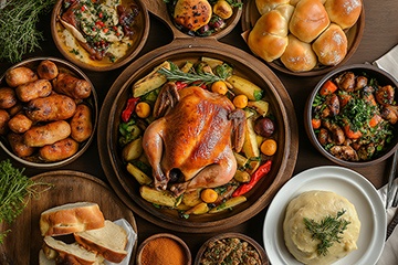 A top-down view of a Thanksgiving feast, including a turkey and all the fixings.