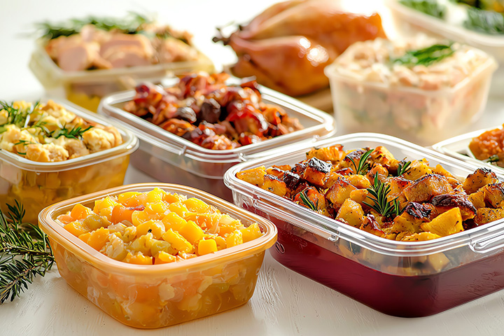 Thanksgiving leftovers in plastic containers. A turkey is out of focus in the background.