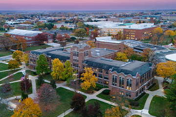 A high angle view of CMU's administration building.