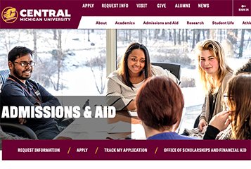 A screen capture of the new admissions website shows a group of CMU students sitting around a conference table