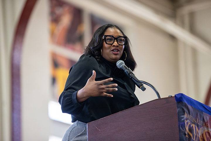 Michigan Senator and Alumni Sarah Anthony speaks at the annual Dr. Martin Luther King Jr. CommUNITY Peace Brunch