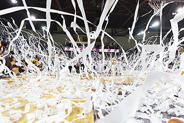 Toilet paper flies all around and onto the court inside McGuirk Arena.