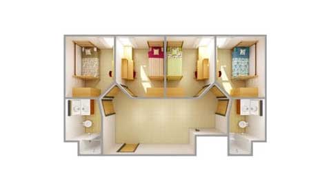 A bird's-eye view of the dorm room layout for Campbell, Kesseler and Kulhavi Halls, which are located in the Towers Community.