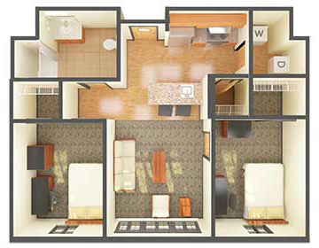 A floor plan of Graduate Housing 2 bedroom apartment