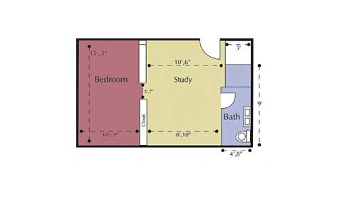 Bird's-eye-view of the layout and dimensions of the suites in Cobb, Troutman and Wheeler Halls, which are in the Towers Community.