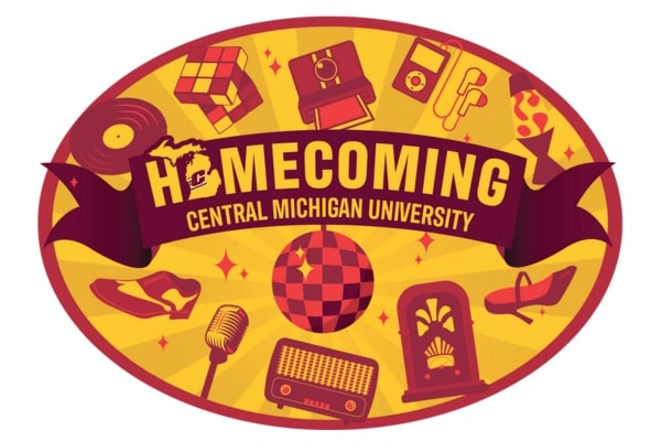 Homecoming 2024 logo with items from the decades