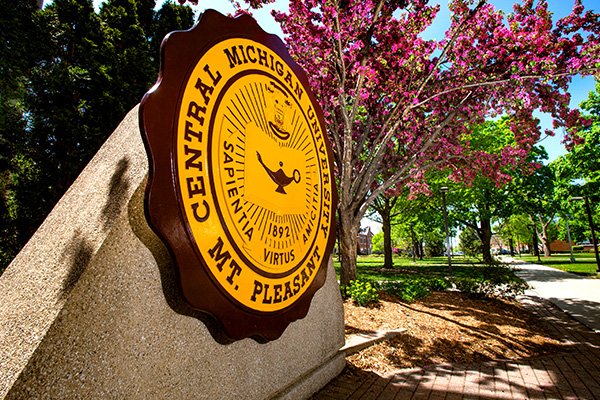 The Central Michigan University seal on Warriner Mall.