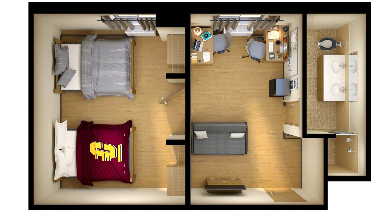 A bird's-eye view of the room layout for dorms in Carey hall which is located in the Towers Community.