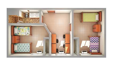 Bird's-eye-view of layout for dorms in the Emmons, Herrig, Saxe and Woldt Halls, which are located in the East Community.