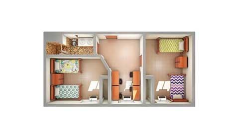 Bird's-eye-view of layout for dorms in the Emmons, Herrig, Saxe and Woldt Halls, which are located in the East Community.