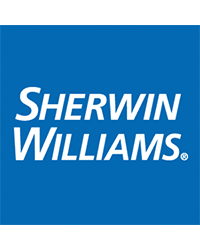 Logo of Sherwin Williams, blue and white text.