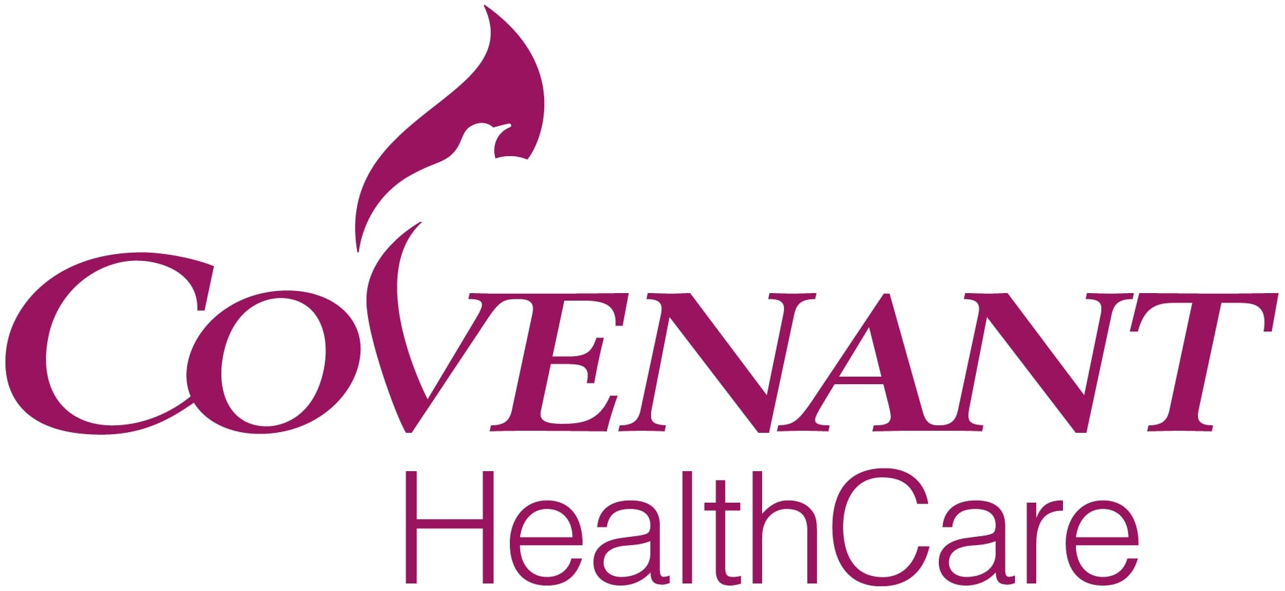 This is a maroon Covenant HealthCare logo the V is shaped like the outline of a dove.