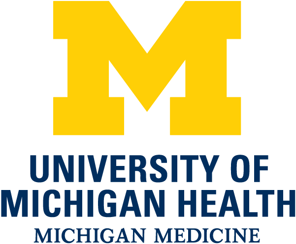 A gold block M is at the top with the words University of Michigan Health Michigan Medicine in block letters in blue below