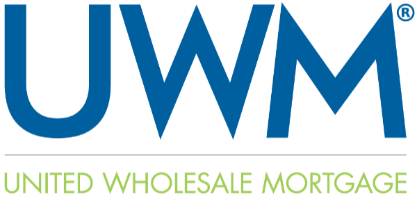 The letters UWM in blue above the text United Wholesale Mortgage in green text.