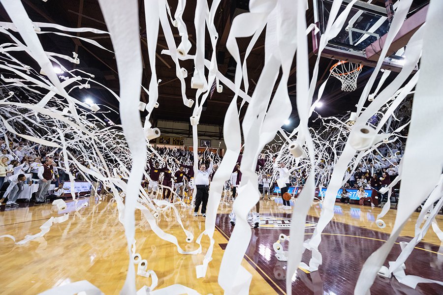 The moment hundreds of rolls of toilet paper are thrown onto the court during a CMU basketball game.