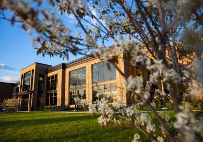 Photo of Grawn Hall outside with a tree in the foreground and green grass with a blue sky.