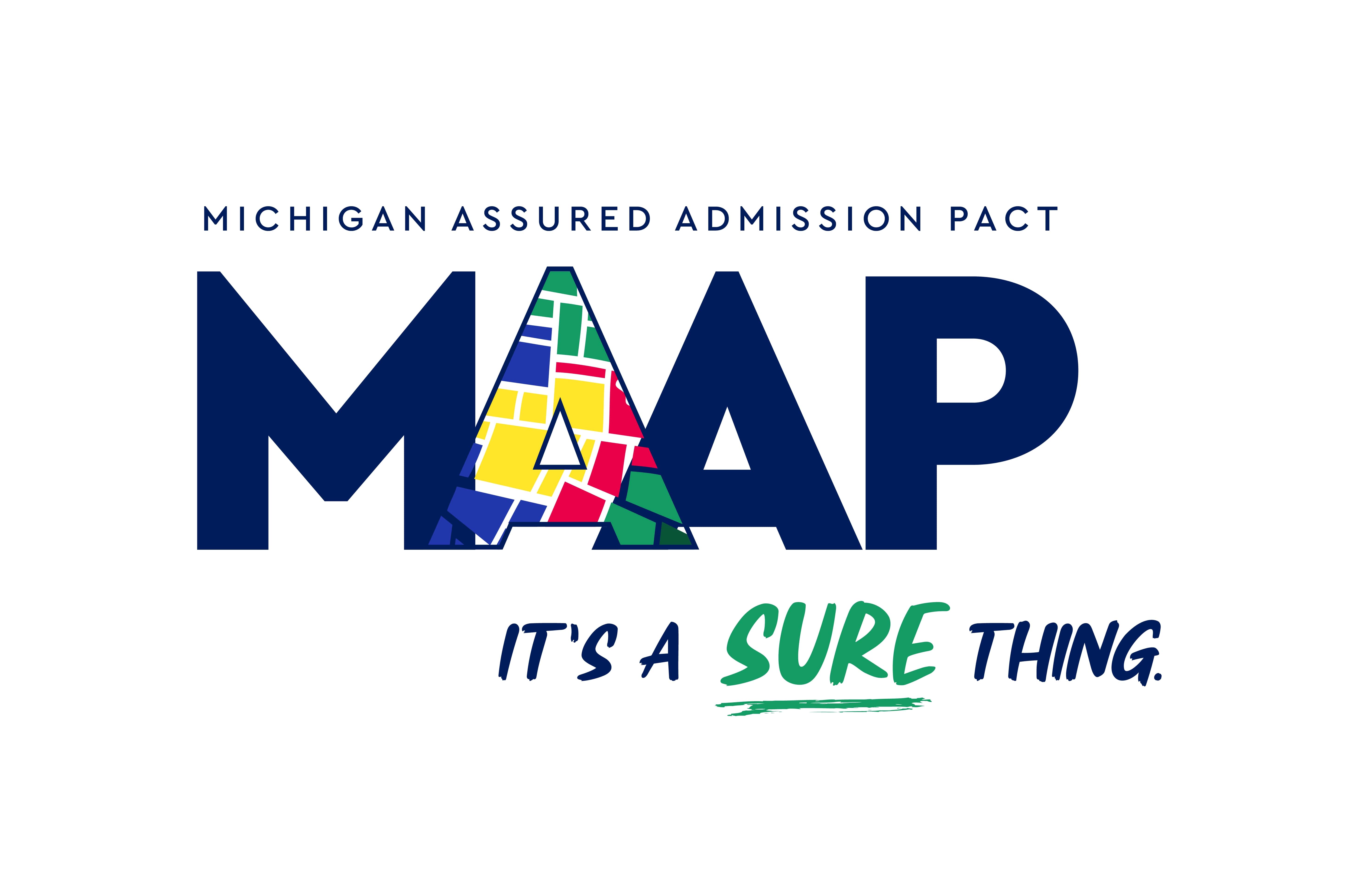 Michigan Assured Admission Pact(MAAP) logo in blue color with a tagline