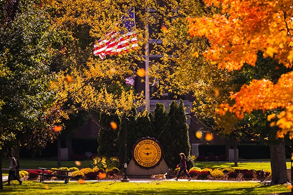 A distant view of the statue of the Central Michigan University seal and the United States flag.