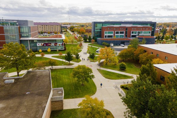 Aerial view of CMU's campus from a drone, facing south.