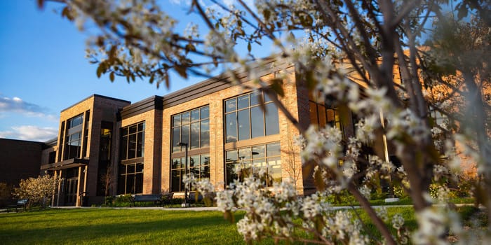 Exterior view of Grawn Hall, a classroom building on the CMU campus.