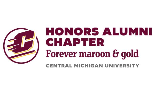 A maroon and gold logo with the Action C and text: Honors Alumni Chapter, Forever Maroon and Gold, and Central Michigan University