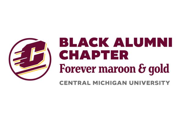 A maroon and gold logo with the Action C and text: Black Alumni Chapter, Forever Maroon and Gold, and Central Michigan University.