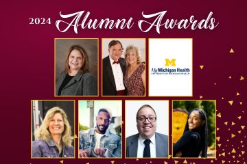 The 2024 National Alumni Award recipients with the text 2024 alumni awards at the top of the image, three of the recipients on the top row and the remaining four recipients on the bottom row on a maroon background.