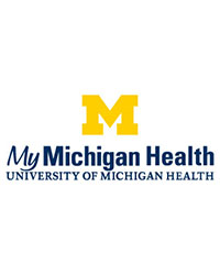 Logo for the 2024 Corporate and Foundation Partner Alumni Award Recipient MyMichigan Health with a large gold 'M' on the first line, the middle line is 'MyMichigan Health' and the third line is 'University of Michigan Health' both in navy writing.