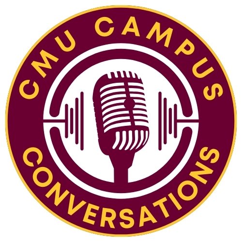 A microphone in a white, maroon, and gold logo with text CMU CAMPUS CONVERSATIONS.