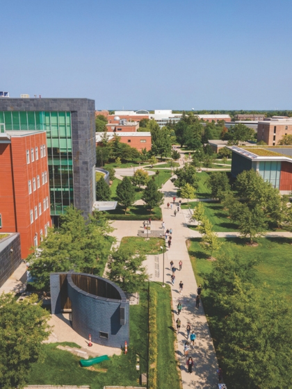 A drone view of CMU's campus showing a sidewalk of students.