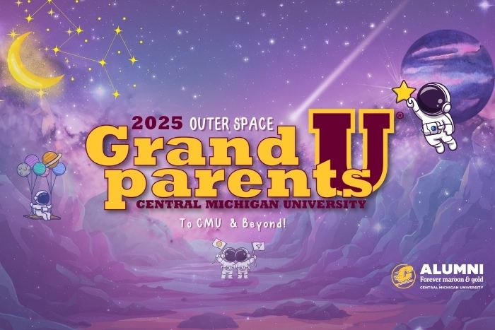 CMU's 18th Annual Grandparents U logo in Gold and Maroon with an outer space theme