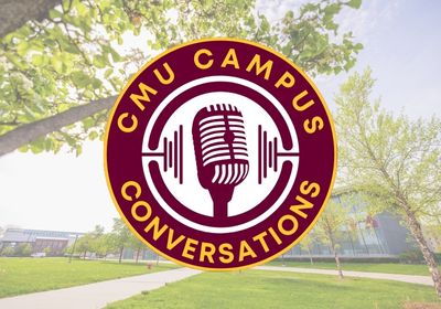 This is a faded photo fo the outdoor CMU campus with trees, gass and sidewalk in the photo. The maroon, gold, & white CMU CAMPUS CONVERSATIONS logo is large and centered on top of the image.