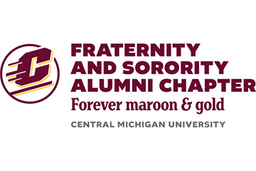 An action flying C on the left side next to the words fraternity and sorority alumni chapter forever maroon & gold Central Michigan University.